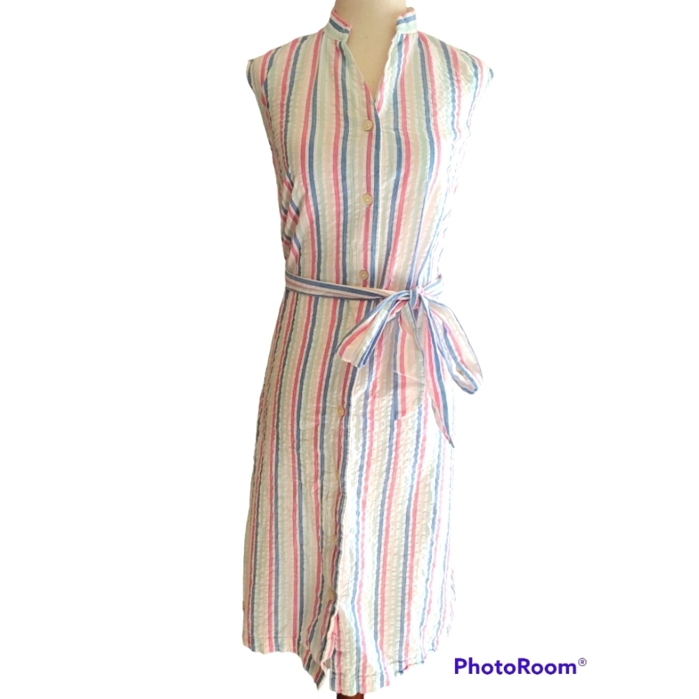 Loft Tank Dress Button Down Belted Blue Pink Stripes XXS Petite
